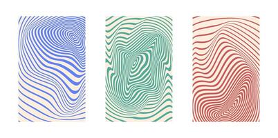 Background set Groovy hippie 70s. Circle, swirl, twirl pattern. Twisted and distorted background texture, trendy retro psychedelic style. Y2k aesthetic background. vector