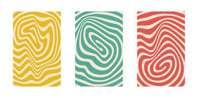 Background set Groovy hippie 70s. Circle, swirl, twirl pattern. Twisted and distorted background texture, trendy retro psychedelic style. Y2k aesthetic background. vector