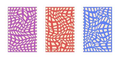 Background set Groovy hippie 70s. Grid line, swirl, twirl pattern. Grid Twisted and distorted background texture, trendy retro psychedelic style. Y2k aesthetic background. vector