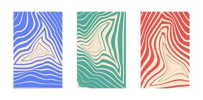 Background set Groovy hippie. Triangle swirl and twirl pattern. Triangle Twisted and distorted background texture, trendy retro psychedelic style vector