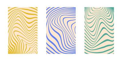 Background set Groovy hippie 70s. Line, twirl pattern. Twisted and distorted background texture, trendy retro psychedelic style. Y2k aesthetic background. vector