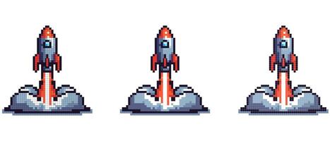 Pixel art illustration of a rocket launch with dynamic orange flames and billowing smoke against a clear backdrop. vector
