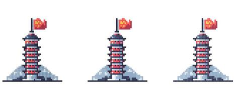 Pixelated image of a traditional Chinese pagoda with red accents and a flag on top. vector