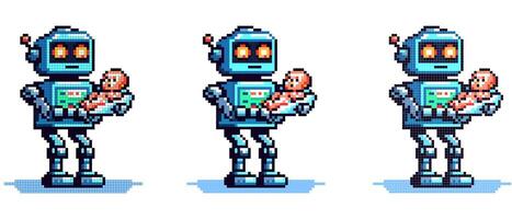 A pixelated illustration of a caring robot holding a baby, symbolizing futuristic child care and the caring side of technology. vector