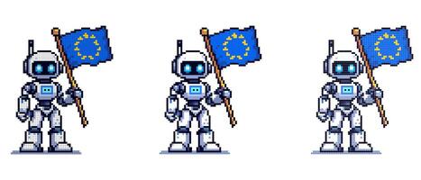 Pixel robot with a flag. Illustrates technology, robotics and European identity in a playful retro style. vector