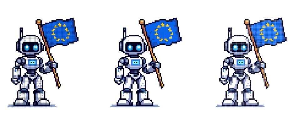 Pixel robot with a flag. Illustrates technology, robotics and European identity in a playful retro style.