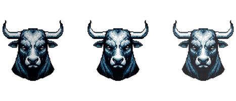 Pixel illustration of a stern bull with protruding horns and a gaze. Detailed shading and vibrant character designs evoke a sense of retro gaming nostalgia. vector