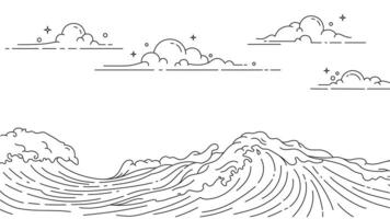 Line art illustration The sky is filled with clouds and waves in the ocean vector