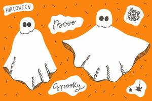 set of stickers with a ghost on an orange bg, Halloween set of icons, lettering vector