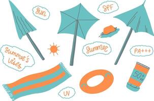 beach umbrellas blue color, beach set with SPF elements vector