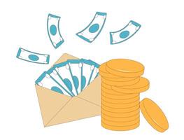 Envelope with banknotes and .stack of coins isolated on white background. Money Investments vector