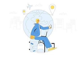 Digital nomad. Young man sitting on the suitcase and working with laptop waiting for a flight. vector