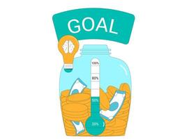 Fundraising event. Startup goal concept. thermometer, idea and moneybox. vector