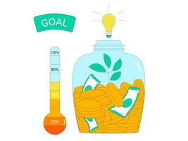 Fundraising tracker. Goal thermometer and jar with grown money vector