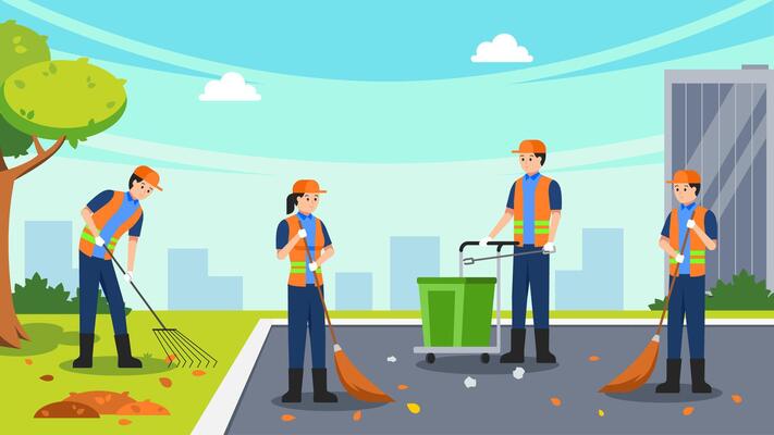 janitors team gathering trash cleaners using rack and broom streets cleaning people working together cityscape background