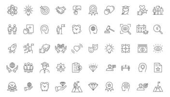 Set of icons core values. images with editable stroke. Includes such qualities as performance, passion, diversity, exceptional, innovative, accountability, will to win, empathy, open-minded. vector