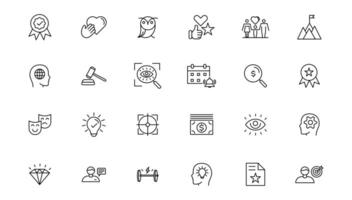 Set of icons core values. images with editable stroke. Includes such qualities as performance, passion, diversity, exceptional, innovative, accountability, will to win, empathy, open-minded. vector