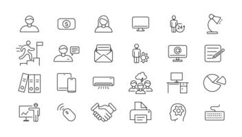 Office icon set. Containing briefcase, desk, computer, meeting, employee, schedule and co-worker symbol. Solid workspace icons collection. vector