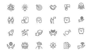 Set of icons core values. images with editable stroke. Includes such qualities as performance, passion, diversity, exceptional, innovative, accountability, will to win, empathy, open-minded. vector
