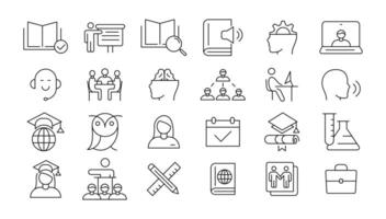 E-learning icon set. Online education icon set. Thin line icons set. Distance learning. Containing tuition, e-learning, online course, audio course, educational website. vector