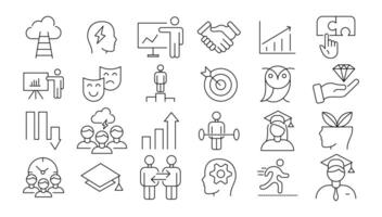 set thin icons related to career progress, coaching, business people training, tutorship and professional consulting service. Mono line pictograms and infographics design elements vector