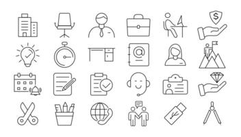 Office icon set. Containing briefcase, desk, computer, meeting, employee, schedule and co-worker symbol. Solid workspace icons collection. vector