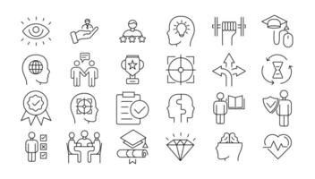 set thin icons related to career progress, coaching, business people training, tutorship and professional consulting service. Mono line pictograms and infographics design elements vector