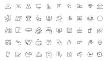 Office icon set. Containing briefcase, desk, computer, meeting, employee, schedule and co-worker symbol. Solid workspace icons collection. vector