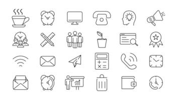 Office icon set. Containing briefcase, desk, computer, meeting, employee, schedule and co-worker symbol. Solid workspace icons collection. vector