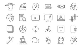 Set of thin line icons of graphic design. Simple linear icons in a modern style flat, Creative Process. Graphic design, creative package, stationary, software. vector