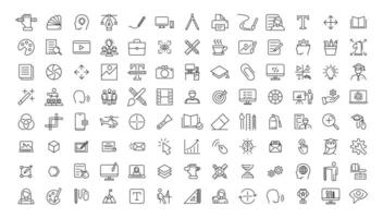 Set of thin line icons of graphic design. Simple linear icons in a modern style flat, Creative Process. Graphic design, creative package, stationary, software. vector