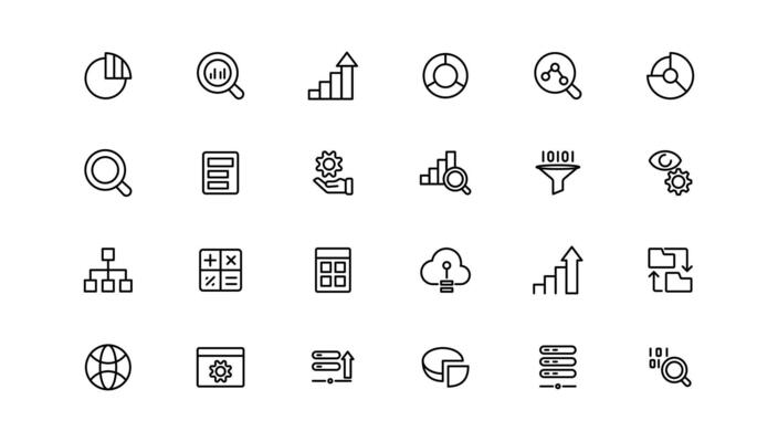 Data analysis, statistics, analytics - minimal thin line web icon set. Outline icons collection.