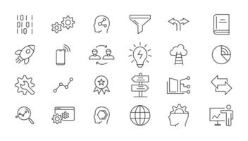 Big data analysis thin line icon set. Data processing outline pictograms for website and mobile app GUI. Digital analytics simple UI, UX icons vector