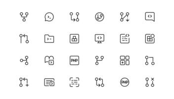 Developer icon set. Included the icons as code, programmer coding, mobile app, api, node connect, flow, logic, web coder, bug fix vector
