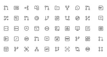 Developer icon set. Included the icons as code, programmer coding, mobile app, api, node connect, flow, logic, web coder, bug fix vector