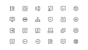 Developer icon set. Included the icons as code, programmer coding, mobile app, api, node connect, flow, logic, web coder, bug fix vector