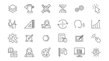 Set of thin line icons of graphic design. Simple linear icons in a modern style flat, Creative Process. Graphic design, creative package, stationary, software. vector