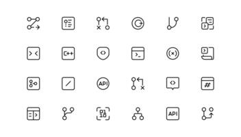 Developer icon set. Included the icons as code, programmer coding, mobile app, api, node connect, flow, logic, web coder, bug fix vector