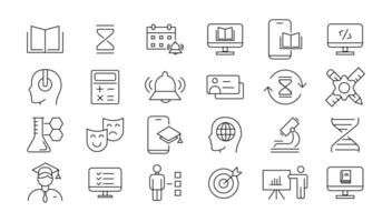E-learning icon set. Online education icon set. Thin line icons set. Distance learning. Containing tuition, e-learning, online course, audio course, educational website. vector