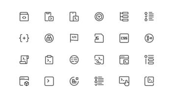 Developer icon set. Included the icons as code, programmer coding, mobile app, api, node connect, flow, logic, web coder, bug fix vector