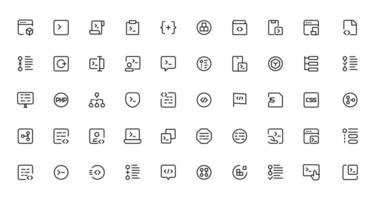 Developer icon set. Included the icons as code, programmer coding, mobile app, api, node connect, flow, logic, web coder, bug fix vector