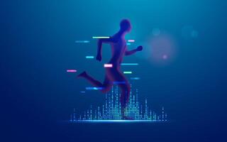 concept of digital transformation or virtual reality technology, graphic of man running with futuristic element vector