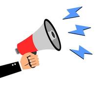 megaphone announcement message, announcement megaphone, Hand holds a megaphone on a white background. Concept of hiring, advertising, attention something. Banner. vector