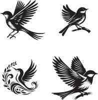 four black and white birds with leaves and branches vector
