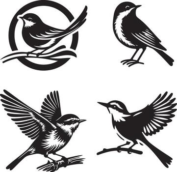 four different silhouette birds in different positions on a white background vector