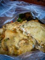 Tempe Mendoan is a traditional food made from tempeh covered in flour batter with a mixture of sliced leeks and spices. cooked by frying. Selective fokus. photo
