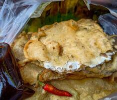 Tempe Mendoan is a traditional food made from tempeh covered in flour batter with a mixture of sliced leeks and spices. cooked by frying. Selective fokus. photo