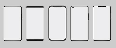 Set of realistic models smartphone with transparent screens. Smartphone mockup collection. Phone mockup in front. Mobile phone with shadow. vector