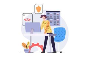 Development and programming concept in modern flat design for web. Man developer creating security system software product at computer and testing firewall from hacker attack. illustration. vector