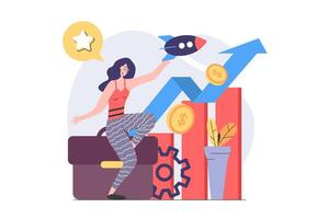 Business activities concept in modern flat design for web. Woman entrepreneur doing strategy analysis and developing startup company, planning challenges and investing finance. illustration. vector